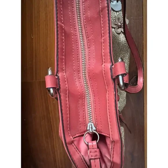 Coach Straw Floral Appliqué Tote – Coral - tea rose - Picture 3 of 11